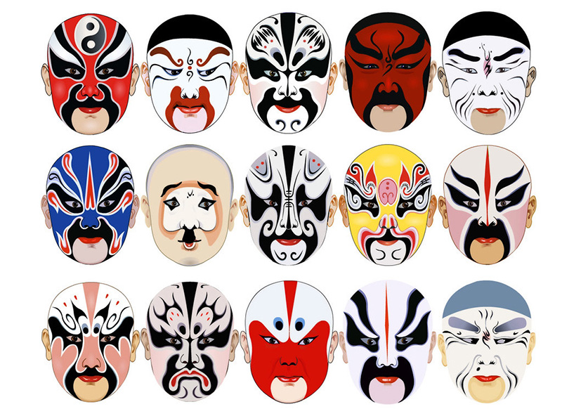 assemblage des visages masqués/maquillés des comédiens de l'opéra de Beijing
