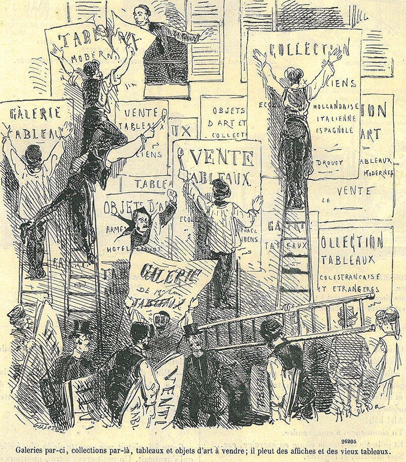 Albert Robida, « À l’Hôtel des ventes », Le Journal amusant, n°636, 7 mars 1868, p. 1. Coll. H. Cavaniol.