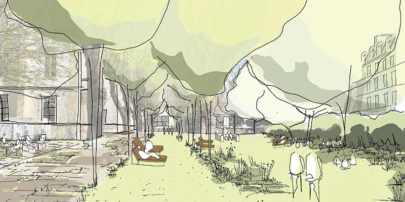 Esquisse crayonnée de la cour Pasteur après réhabilitation, visuel non contractuel