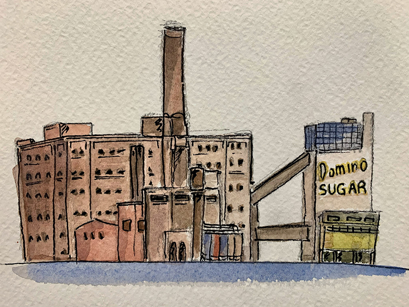 L’une des aquarelles d’Archipel. Domino Sugar Refineryl, une ancienne sucrerie sur les rives de l’East River à Williamsbourg (Brooklyn, NY) © Francesco Zambonin
