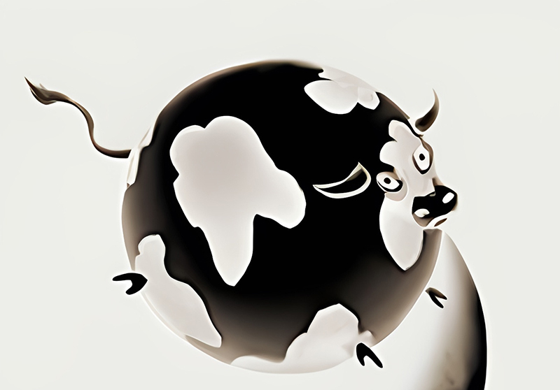 Humorous illustration of science abstraction en:Spherical cow jumping over the moon.