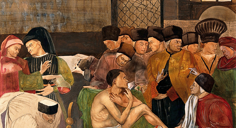 Hospital of Santa Maria della Scala, Siena: physicians and surgeons treating the sick. Watercolour, 19--, after Domenico di Bartolo, 1441-1442.
