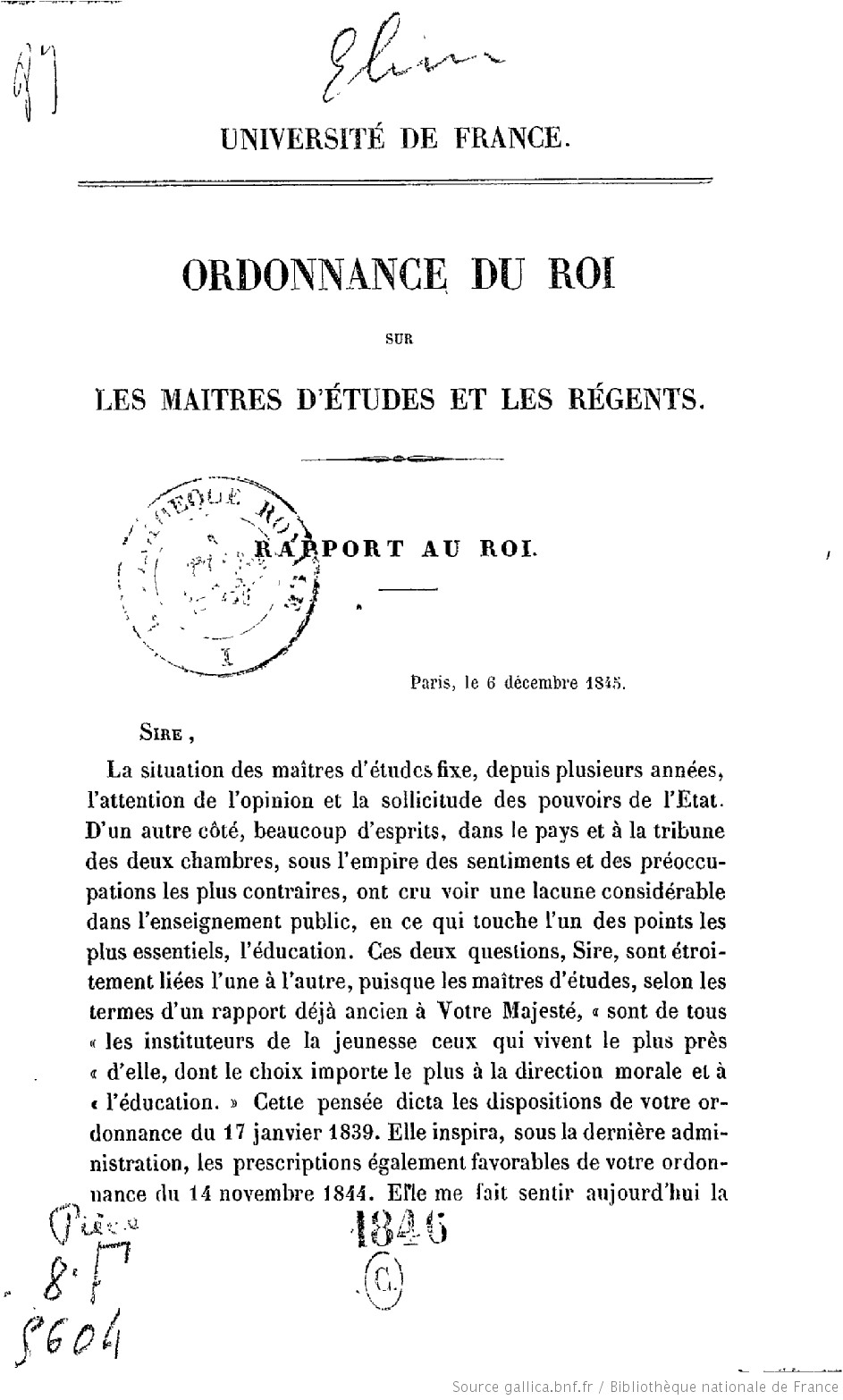 Ordonnance du 6 décembre 1845