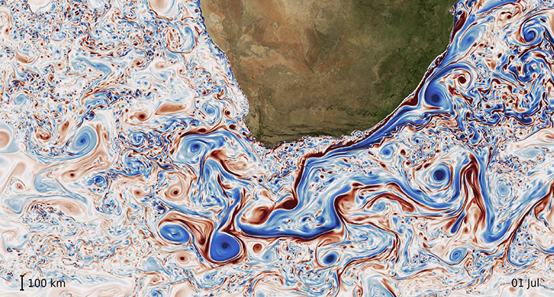 Légende pour Model_Arne_SouthAfrica_Vorticity.jpeg : Courants à méso-échelle et à sous-méso-échelle dans l'océan au sud de l'Afrique. Zoom sur des instantanés de la vorticité relative normalisée en surface (une mesure de la rotation) à partir d'une simulation numérique à résolution horizontale de 1/60°. Crédit : Arne Biastoch, GEOMAR