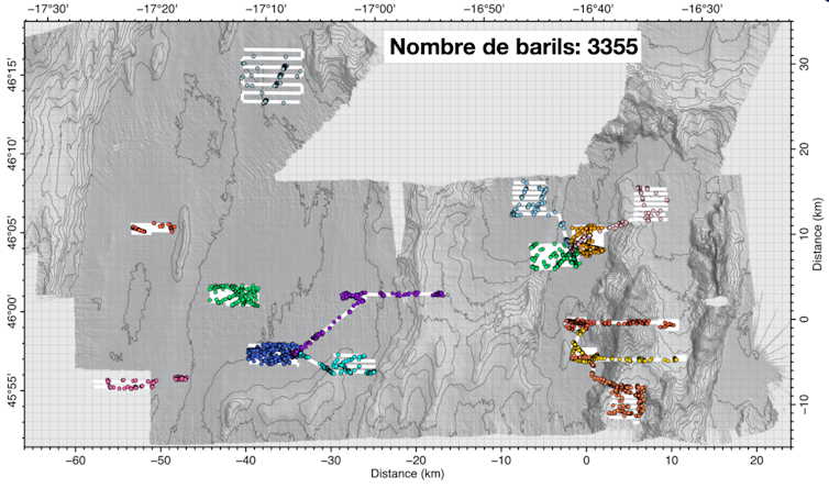 Carte des fûts identifiés et zones cartographiées par l’Autonomous Underwater Vehicle (AUV) UlyX. Flotte océanographique française -- Campagne Nodssum, Fourni par l'auteur