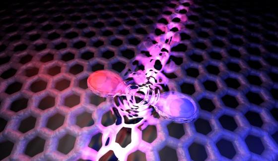 Vue d’artiste de la polarisation du vide par création d’une paire électron-trou dans le graphène.